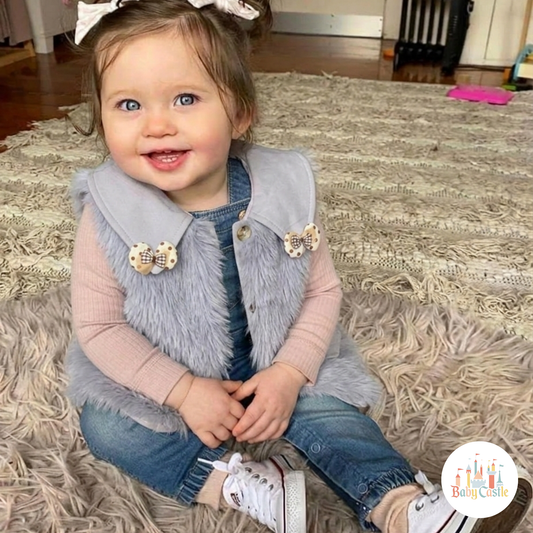 Chaleco Peluchito Infantil Lila con Cuello de Solapa y Lazos