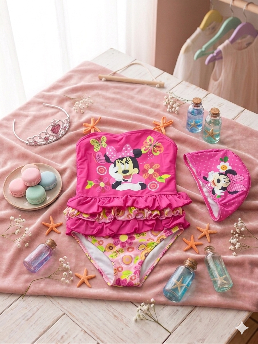 Traje de Baño Minnie Mouse con Volantes – Diseño Floral y Divertido