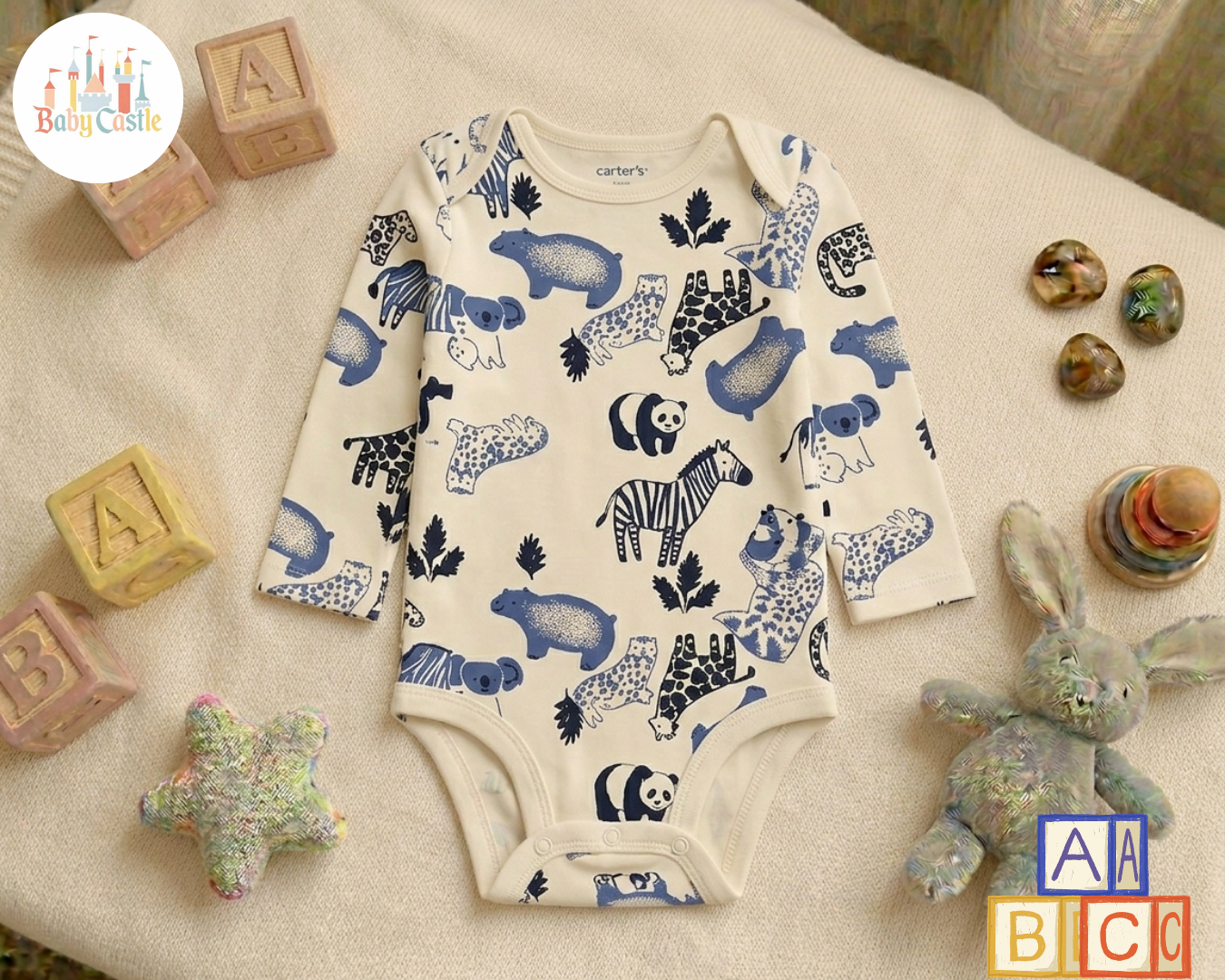 Set de 5 Bodys Manga Larga Estilo Safari en Tonos Azul y Blanco