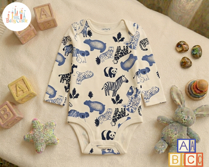 Set de 5 Bodys Manga Larga Estilo Safari en Tonos Azul y Blanco