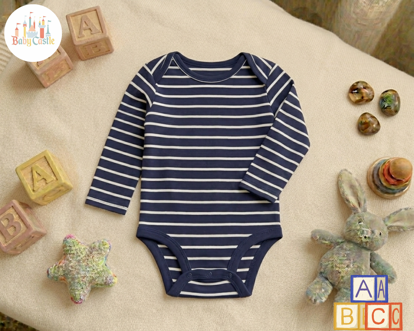 Set de 5 Bodys Manga Larga Estilo Safari en Tonos Azul y Blanco