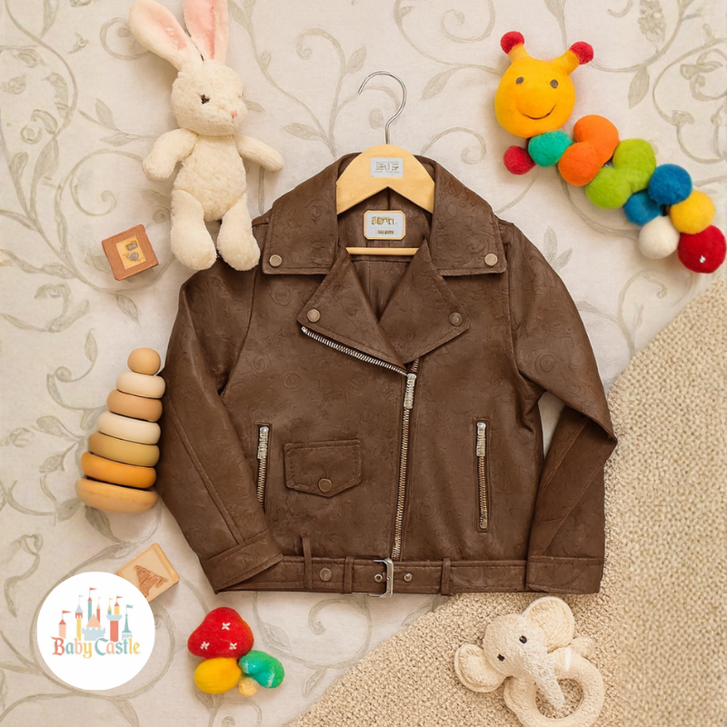 Chaqueta café de cuero para niña estampado Louis Vuitton
