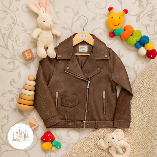 Chaqueta café de cuero para niña estampado Louis Vuitton