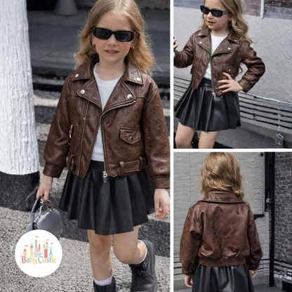 Chaqueta café de cuero para niña estampado Louis Vuitton