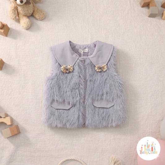 Chaleco Peluchito Infantil Lila con Cuello de Solapa y Lazos