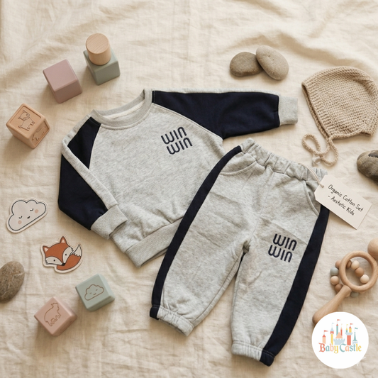 Conjunto de Sudadera y Pantalón de Bebé – Diseño Raglán Gris y Azul Marino