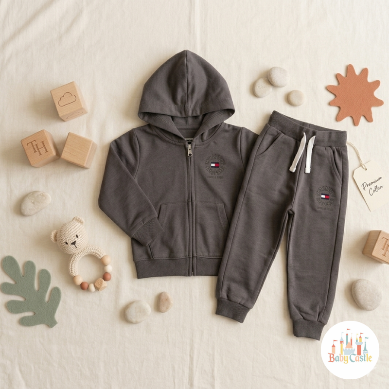 Conjunto de Sudadera con Capucha y Pantalón para Bebé – Algodón Premium Gris