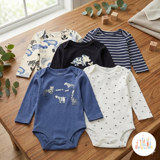 Set de 5 Bodys Manga Larga Estilo Safari en Tonos Azul y Blanco