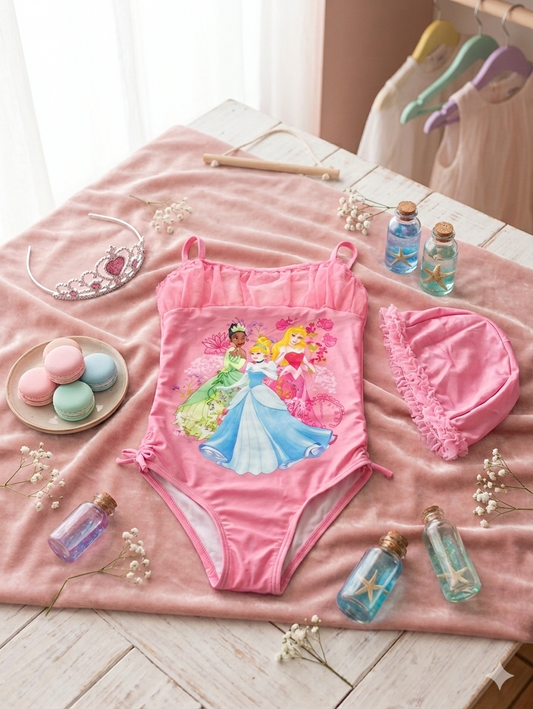 Traje de Baño Disney Princess – Rosa Pastel con Gorro Fruncido